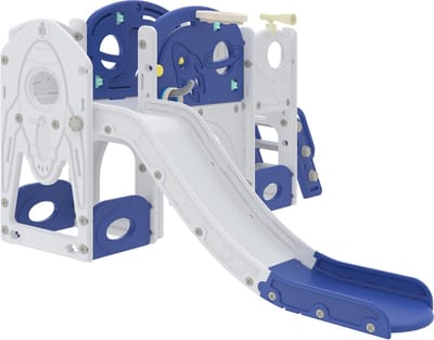 Multifunctionele 8-in-1 Kinderglijbaan – Indoor & Outdoor Speeltoestel met Basketbal, Ringen, Schommels en Glijbaan, Blauw