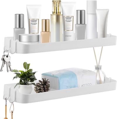 Zelfklevende Doucheplank Set van 2 - Badkamer Organiser met 8 Haken, 40 cm Wandplank voor Douche en Keuken, Wit en Ruimtebesparend