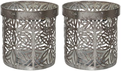 Decoris Waxinelicht houders set - 4x - metaal - grijs - bloemenpatroon - Windlichtjes - kaarsenhouders