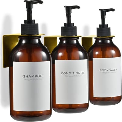 Famanu – Shampoo-dispenser voor douchewand met 3 vakken, boorvrij, inclusief waterdichte etiketten en wandhouders