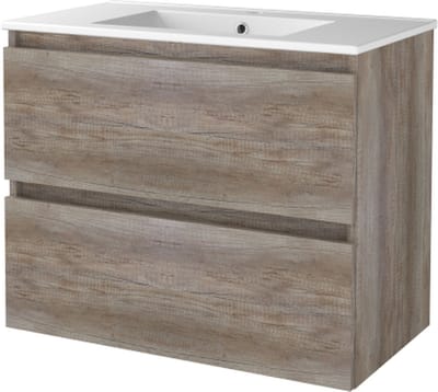 Basic Start 46 badmeubelset met greeploze wastafelonderkast met 2 lades en porseleinen wastafel met 1 kraangat 80 x 46 cm, scotch oak