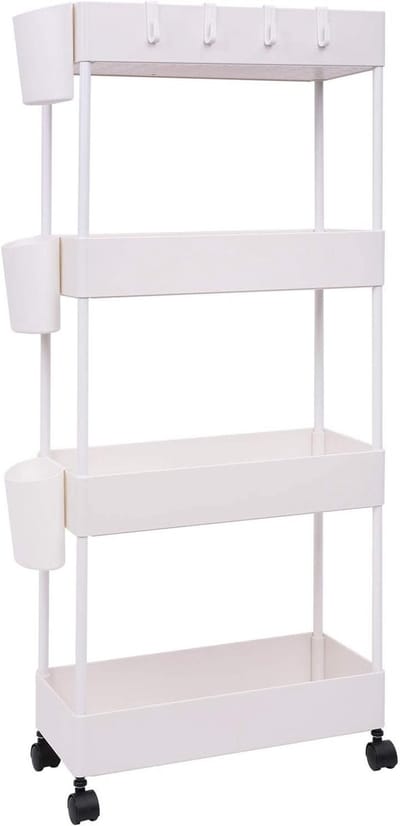 Mobiele Opslag Trolleys met 4 Niveaus, Ideaal voor Keuken, Kantoor en Badkamer, Inclusief Haken en Bekers voor Smalle Ruimtes