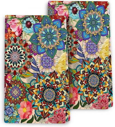 Boho Bloemen Keukenhanddoeken Set van 2, Kleurige Absorberende Theedoeken en Afwasdoeken voor Keuken Decoratie en Koken