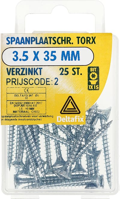 Spaanplaatschroef. 3.5 x 25mm. lang. platkop / Torx-T10 / met Nibs / type 17 Snijpunt. Verzinkt. 25 Houtschroeven. Deltafix.