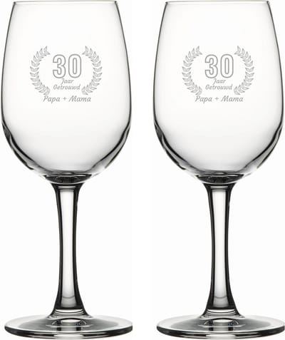 Gegraveerde set witte wijnglazen 26cl Papa + Mama 30 jaar getrouwd