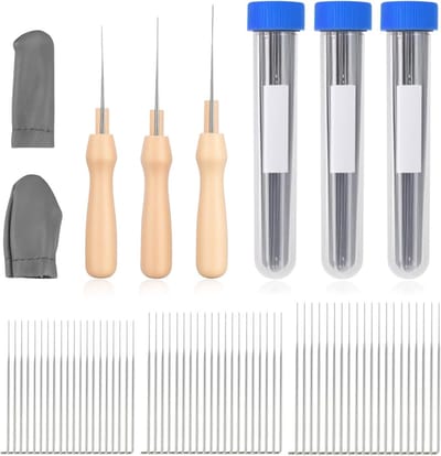 Complete Set van 60 Viltnaalden voor Droog Vilttechniek, Inclusief 3 Houten Handvatten, 3 Flessen en 1 Paar Duimbeschermers, Ideaal voor Beginners en Creatieve Projecten