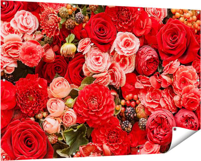 Gards Tuinposter Rode en Roze Bloemen met Fruit - Abstract - 150x100 cm - Tuindoek - Tuindecoratie - Wanddecoratie buiten - Tuinschilderij