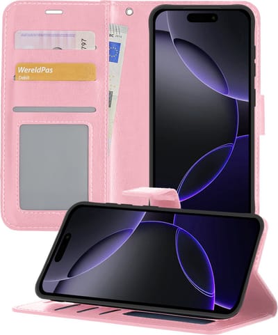 Hoesje - Geschikt voor Apple iPhone 16 Pro - Luxe Bookcase - Walletcase Hoes - Portemonnee - Cover - Telefoonhoes - Lichtroze