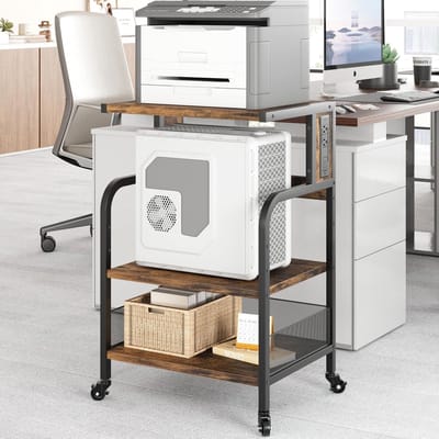 Verrijdbare Printertafel met Stopcontacten & USB - 3 Lagen met Verstelbare Plank - Industrieel Printermeubel - bruin - 52x40x80 cm