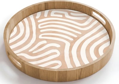 Dienblad rond 40x40 cm - Schootdienblad hout - Beige - Aardspatroon - Borrelplank rechthoek - Plateau houten dienbladen