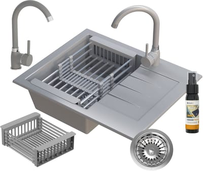 Granitan Spoelbakken Keuken Granieten Milano - Enkele Spoelbak - met Sifon en Kraan - 57x46x16cm - Grijs