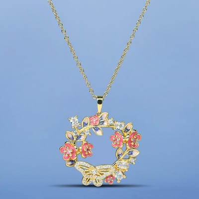 18 karaat Goud vergulde Vlinder Bloemen Hanger Ketting met Europese Pastorale Bedel gray