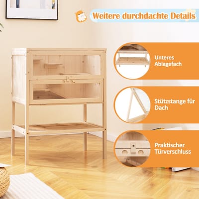 COSTWAY Hamsterkooi van hout, kooi voor kleine dieren met helling, mesh-klapdak, afsluitbare deur en plank, muizenkooi hamstervilla meerdere niveaus, houten kooi voor kleine dieren, 60 x 40 x 80 cm