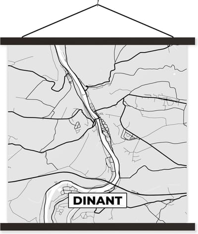 Posterhanger incl. Poster 60x60 cm - Schoolplaat - Zwart Wit – België – Plattegrond – Stadskaart – Kaart – Dinant - Textielposter - Zwarte latten - Stadskaart