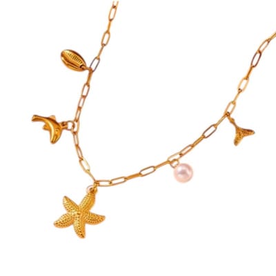 Aramat Jewels | Halskettingen | Goudkleurige damesketting met zee-bedels en parel – 45 cm | | | |1,5mm | Staal | Volwassenen | Verkleurd niet