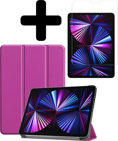Hoesje - Geschikt voor Apple iPad Pro (2021) - 11 inch - 3e generatie - Met Screenprotector - Hardcover Book Case - Trifold Bookcase Hoes - Hard Cover - Tablethoes - Paars