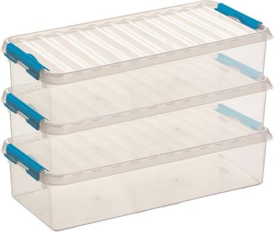 3x sunware q-line opberg box/opbergdoos - 6.5 liter - 48 x 19 x 10 cm - kunststof - opslagbox - transparant/blauw
