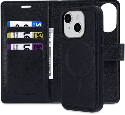 Casemania Hoesje Geschikt voor Apple iPhone 16 - Onyx Black - 2 in 1 Afneembare Bookcase van Lederlook met Fijne Nerf - Geschikt voor MagSafe - Portemonnee Telefoonhoesje met Pasjeshouder en Standaardfunctie