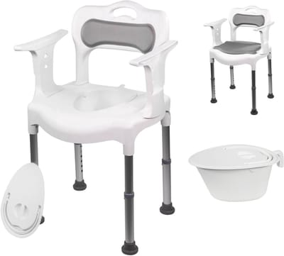 Plaza Care Chair Douchestoel & Toiletstoel 2-in-1 – Met Toiletemmer – - Afneembare Rug en Armleuning – Anti slip - Verstelbare Hoogte - Douchekruk - Badkamerstoel – Wit/Grijs