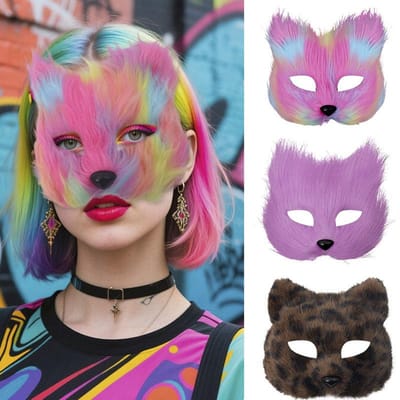 Pluche kattenmasker voor half gezicht, maskerade masker, 3 kleuren One size fits all adults paars/roze