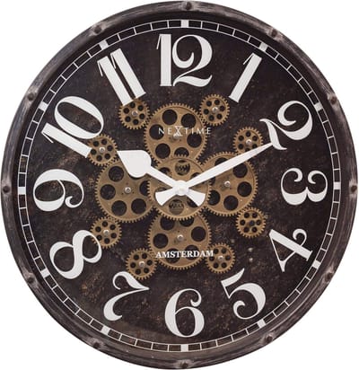 NeXtime Henry – Wandklok – 50 cm – Metaal – Zwart – Bewegende tandwielen