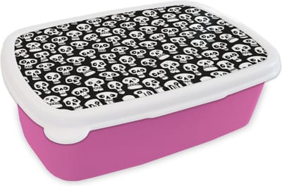 Broodtrommel Roze - Lunchbox - Brooddoos - Patronen - Skull - Zwart Wit - 18x12x6 cm - Kinderen - Meisje