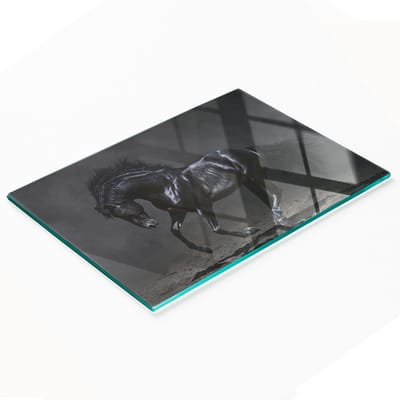 Decoratieve keukensnijplank van gehard glas met zwart paardmotief, 80x52 cm
