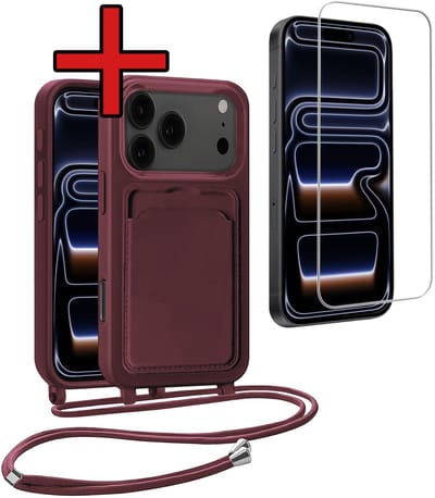 Hoesje Geschikt voor iPhone 17 Pro / 18 Pro Hoesje Met Telefoonkoord en Pasjeshouder Met Screenprotector Siliconen - Hoes Geschikt voor iPhone 17 Pro / 18 Pro Hoesje Met Kaarthouder Case - Aubergine