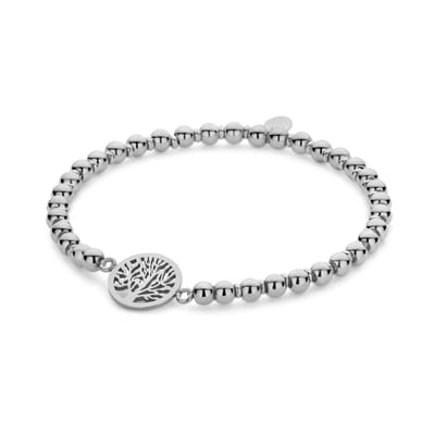 CO88 Collection 8CB-91258 Stalen Bolletjes Armband Met Hangertje - Rekbaar - Levensboom 12mm - Bolletjes 4mm - Staal - Zilverkleurig