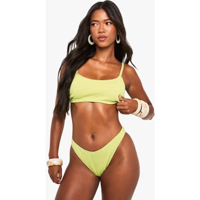 boohoo Dames Swimwear Essentials Crinkle Scoop Neck Bikini Top | Olive | Maat: 6