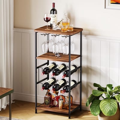 Unyqoos® Vrijstaand wijnrek met glashouder en tafelblad voor zes flessen in vintage stijl