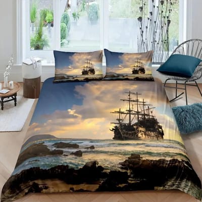 Dekbedovertrekset Zeilboot Nautische Beddengoedset Zeilschip Dekbedovertrek Houten Boot Piraat Jacht Avontuur Thema Quiltovertrek AU Single 140x210cm