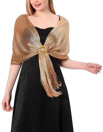 Dailygoods- Stola Sjaal Glanzend - Polyester/Kunstmatig Metaal - 45 x 160 cm - Franjes 18 cm - Inclusief Gespen - Elegante Look
