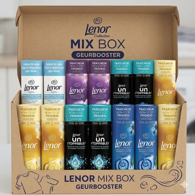 Lenor Geurbooster Mix Doos - Voordeelverpakking 14 stuks a 235 gram - Wasparfum Wasmiddel Versterker - 5 Geuren Mix: Unstoppables Fris, Amber & Orchidee, Zeebries, Bloemboeket, Katoen Fris