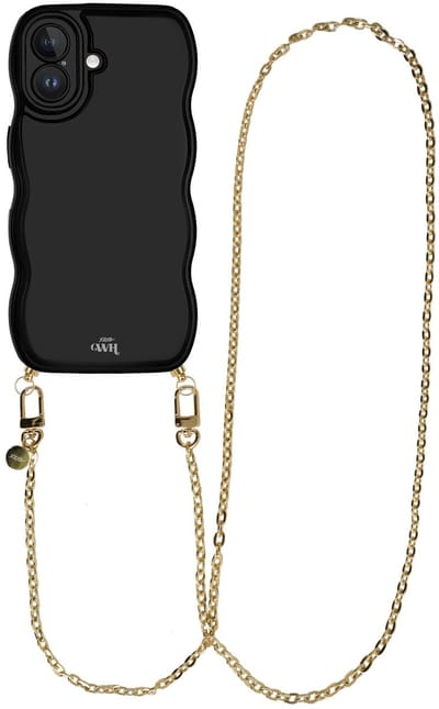 xoxo Wildhearts Glossy Wavy Cord Case Zwart - Geschikt voor iPhone 17 - Dreamy - Lang koord - Glimmend telefoonhoesje met golven - Hoesje met koord - Gouden ketting - lang telefoonkoord - Zwart hoesje - Lange variant koord