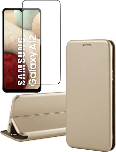 Samsung A12 Hoesje en Samsung A12 Screenprotector - Samsung Galaxy A12 Hoesje - Samsung A12 Hoesje Book Case Kunstleer Wallet Cover Hoes Goud + Samsung A12 Screen Protector Glas