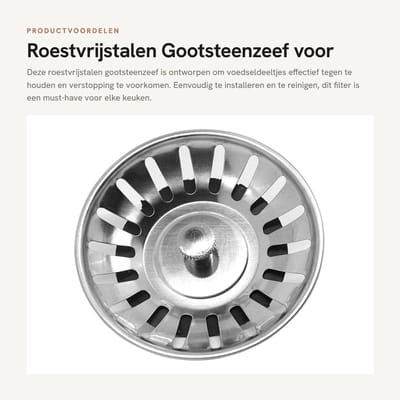 Dailygoods- Gootsteenzeef Roestvrij Staal - Afvoerfilter - Gootsteen Zeef 82 mm - Dubbelzijdig Filter - Eenvoudig te Reinigen - Voorkomt Verstopping