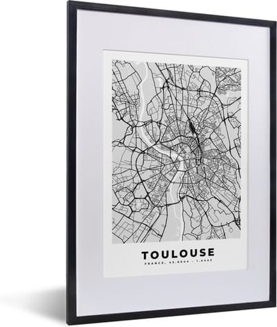 Fotolijst incl. Poster - Frankrijk - Plattegrond - Kaart - Toulouse - Stadskaart - 30x40 cm - Posterlijst