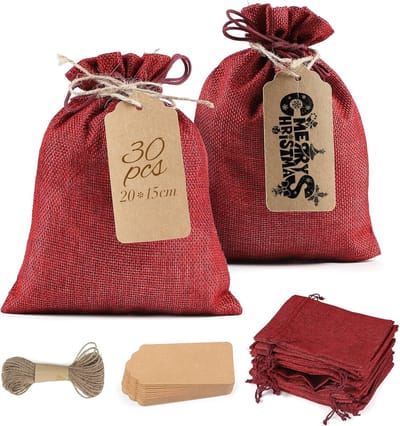 Set van 30 Herbruikbare Jute Tassen 20 x 15 cm met Touw en Labels voor Feesten, Cadeaus en Bruiloften