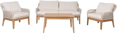 Tuinset MCW-H56b, loungeset tuin loungebank fauteuil tafel, touw vlechtwerk Touwhout acacia ~ crème