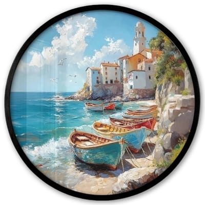 Poster in lijst Rond - Fotolijst 40x40 cm - Posters - Boten - Rotsen - Zee - Zon - Ronde posterlijst zwart - Decoratie - Wanddecoratie woonkamer - Muurdecoratie slaapkamer