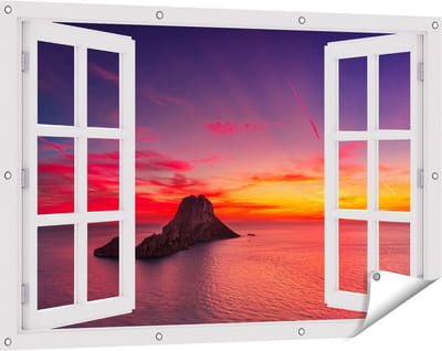Gards Tuinposter Doorkijk Ibiza Rotsen Eiland bij Zonsondergang - 120x80 cm - Tuindoek - Tuindecoratie - Wanddecoratie buiten - Tuinschilderij