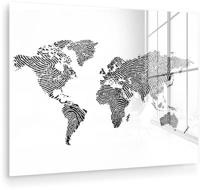 ® Glasschilderij 160x120 cm - Schilderij acrylglas - Wereldkaart - Vingerafdruk - Zwart - Wit - Foto op glas - Muurdecoratie woonkamer - Wanddecoratie slaapkamer - Schilderijen