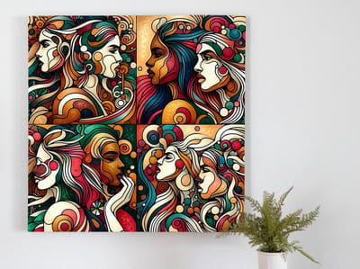 Acryl dikke dames schilderij | Vrolijke Volumes: Expressieve Acryl Schilderijen van Dikke Dames | Kunst - 75x75 centimeter op Forex | Foto op Forex