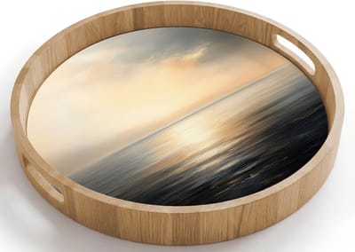 Dienblad rond 40x40 cm - Schootdienblad hout - Zon - Horizon - Zee - Borrelplank rechthoek - Plateau houten dienbladen