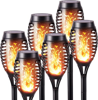 Famanu - 6 stuks Solar tuinfakkels – realistisch vlameffect – IP65 waterdicht – zonneverlichting voor tuin, terras en gazon