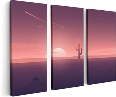 Artaza Canvas Schilderij Drieluik Zonsondergang In De Woestijn Met Een Cactus - 120x80 - Foto Op Canvas - Canvas Print