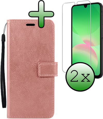 Hoesje Met 2x Screenprotector - Geschikt voor Samsung Galaxy A26 - Luxe Pasjeshouder - Bookcase Portemonee - Flip Case - Kunstleer Book Case - Flipcase Hoes - Book Cover - Walletcase - Portemonneehoes - Rosé goud