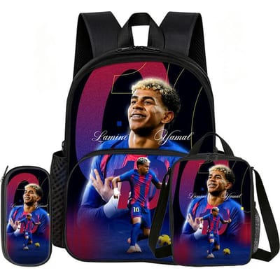 Leer, Reis Voetbalster Schooltas L-Lamin Yamal 3 Delige set met Voorvak Rugzak Lunchtas, Etui, Sport Rugzak