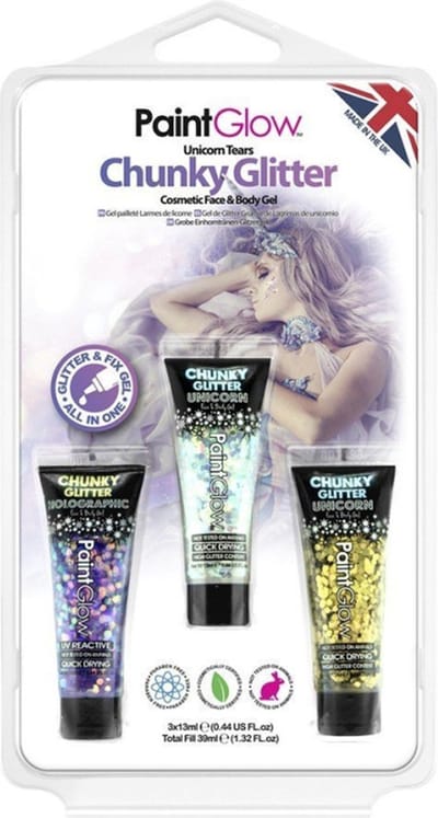 Paintglow Glitter Me Up Chunky Glitter - Gezicht & body gel - Festival glitters - Face jewels - Make-up - 12 ml - Zilver - Roze - Transparant - 3 stuks